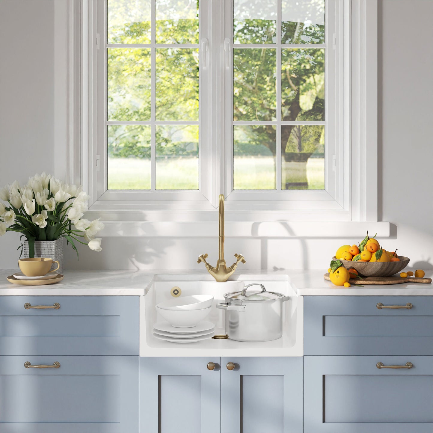 [BSK205WT11] Traditional Fireclay Kitchen Bundle: Single Bowl Butler Sink with Overflow, Tap Hole, Waste & Mono Tap, 595mm - Brushed Brass - Lifestyle 1