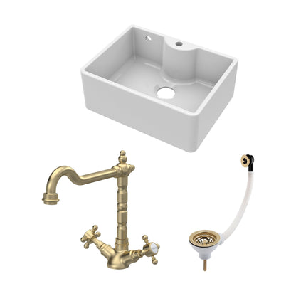 [BSK205WT13] Fireclay Kitchen Bundle: Single Bowl Butler Sink with Overflow, Tap Hole, Waste & Classic Tap, 595mm - Brushed Brass - Cutout