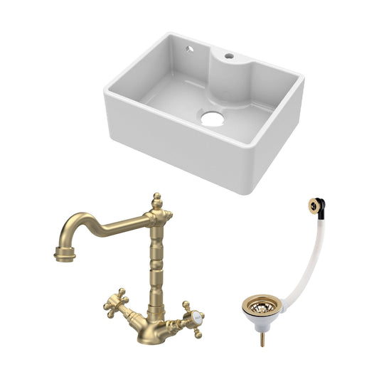 [BSK205WT13] Fireclay Kitchen Bundle: Single Bowl Butler Sink with Overflow, Tap Hole, Waste & Classic Tap, 595mm - Brushed Brass - Cutout