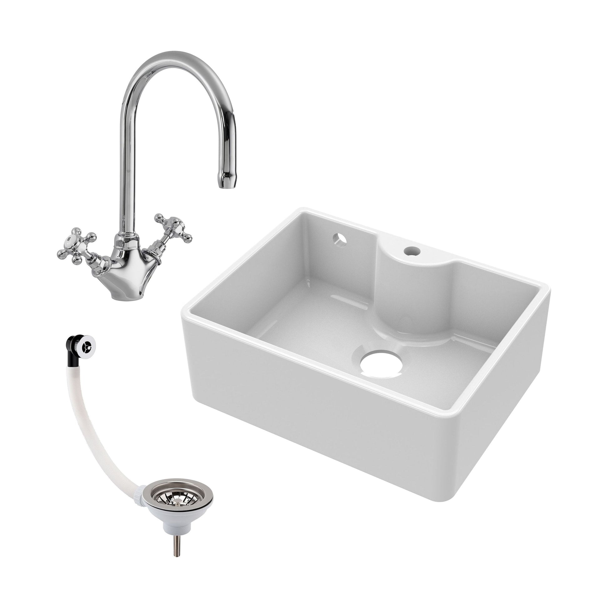 [BSK205WT2] Single Bowl Fireclay Ceramic Butler Kitchen Sink Bundle with Tap Ledge, Overflow, Tap & Waste - Cutout