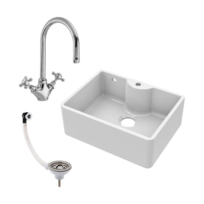 [BSK205WT2] Single Bowl Fireclay Ceramic Butler Kitchen Sink Bundle with Tap Ledge, Overflow, Tap & Waste - Cutout