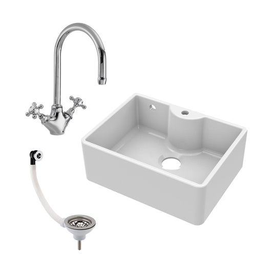 [BSK205WT2] Single Bowl Fireclay Ceramic Butler Kitchen Sink Bundle with Tap Ledge, Overflow, Tap & Waste - Cutout