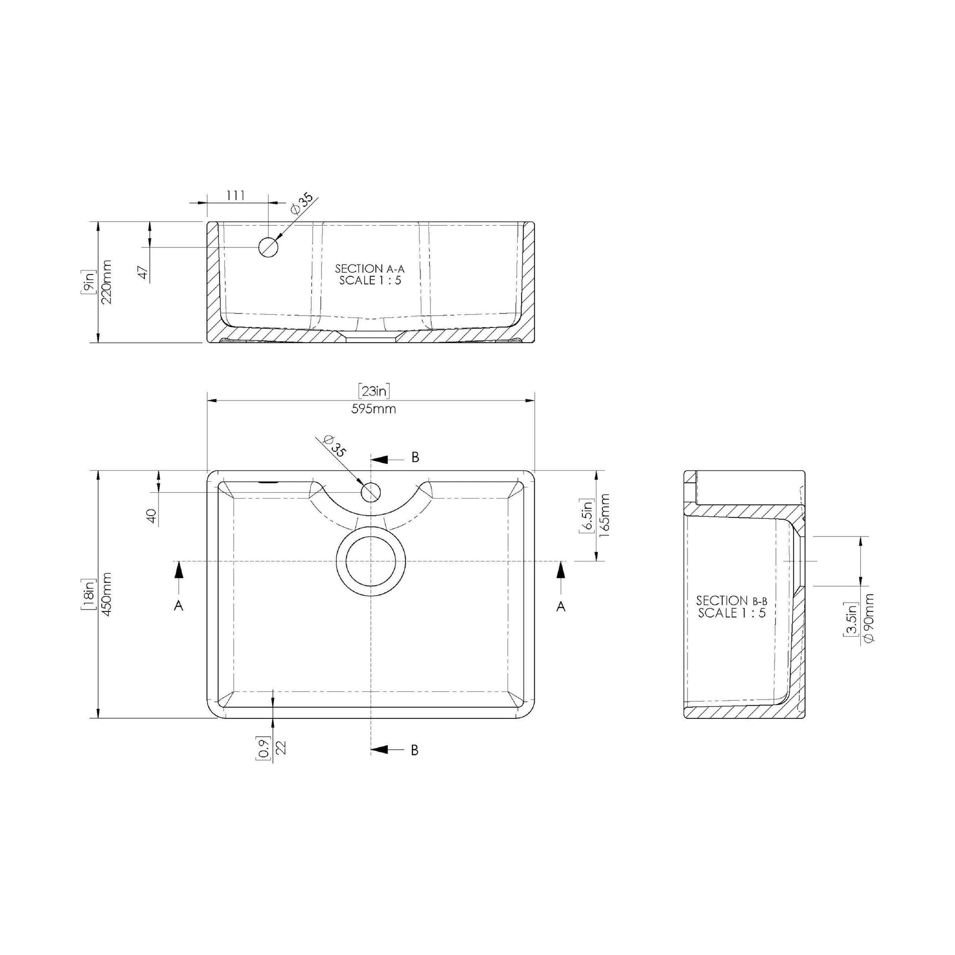 [BSK205WT2] Single Bowl Fireclay Ceramic Butler Kitchen Sink Bundle with Tap Ledge, Overflow, Tap & Waste - Technical Drawing