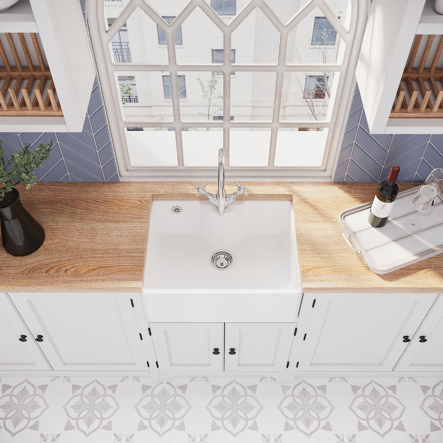 [BSK205WT2] Single Bowl Fireclay Ceramic Butler Kitchen Sink Bundle with Tap Ledge, Overflow, Tap & Waste - Lifestyle 2