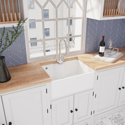[BSK205WT2] Single Bowl Fireclay Ceramic Butler Kitchen Sink Bundle with Tap Ledge, Overflow, Tap & Waste - Lifestyle 3