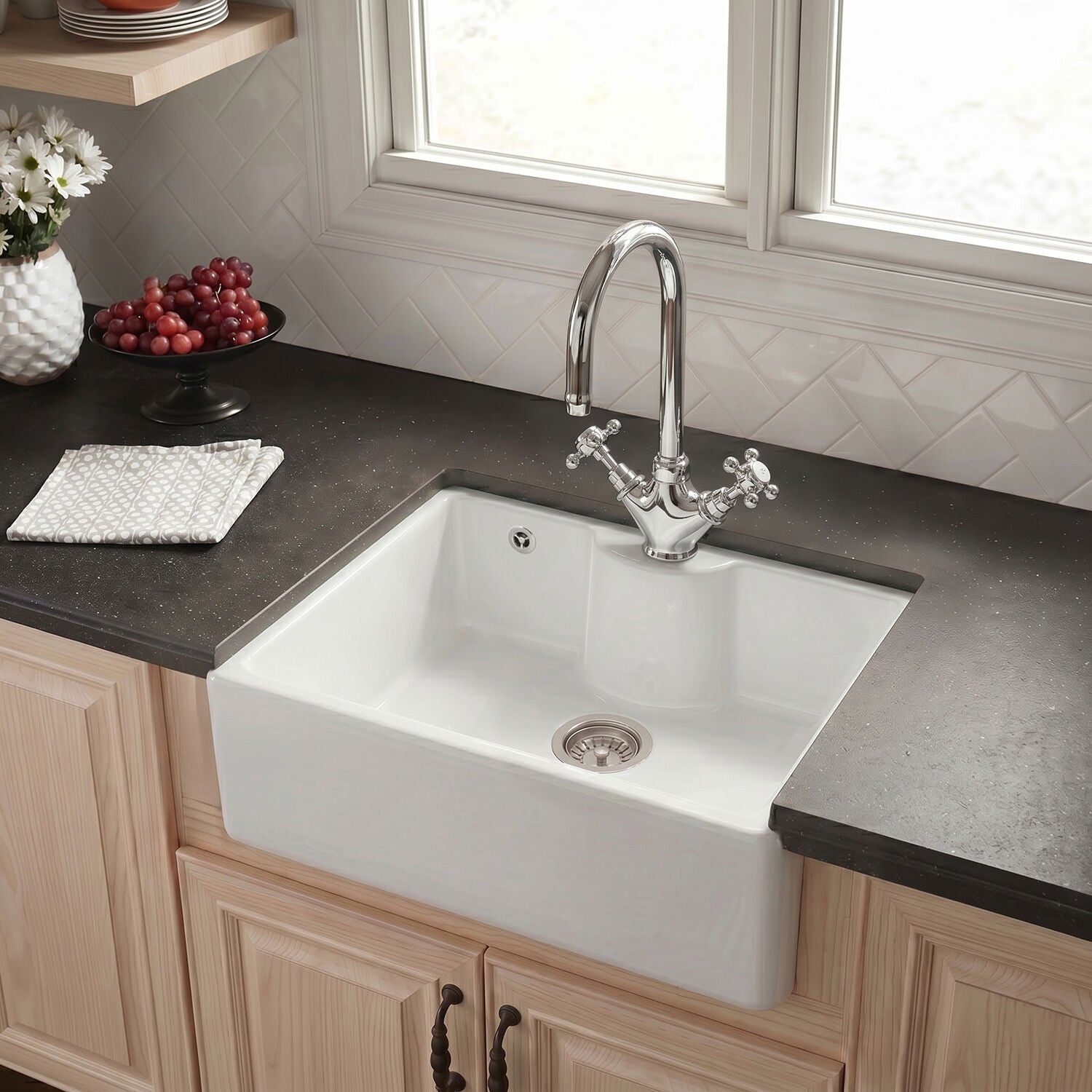 [BSK205WT2] Fireclay 595mm - Butler Kitchen Sink - Tap Ledge with Overflow, Waste & Mixer Tap by Balterley - Silo