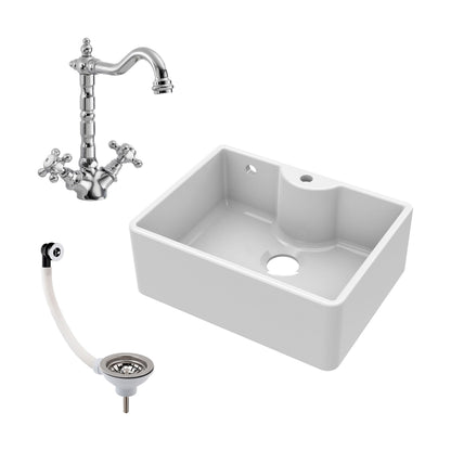 [BSK205WT4] Single Bowl Fireclay Ceramic Butler Kitchen Sink Bundle with Tap Ledge, Overflow, Classic Tap & Waste - Cutout