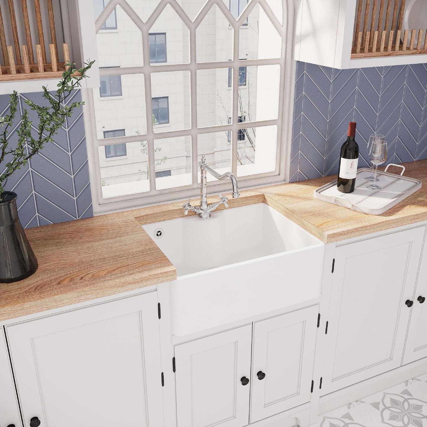 [BSK205WT4] Single Bowl Fireclay Ceramic Butler Kitchen Sink Bundle with Tap Ledge, Overflow, Classic Tap & Waste - Lifestyle 3