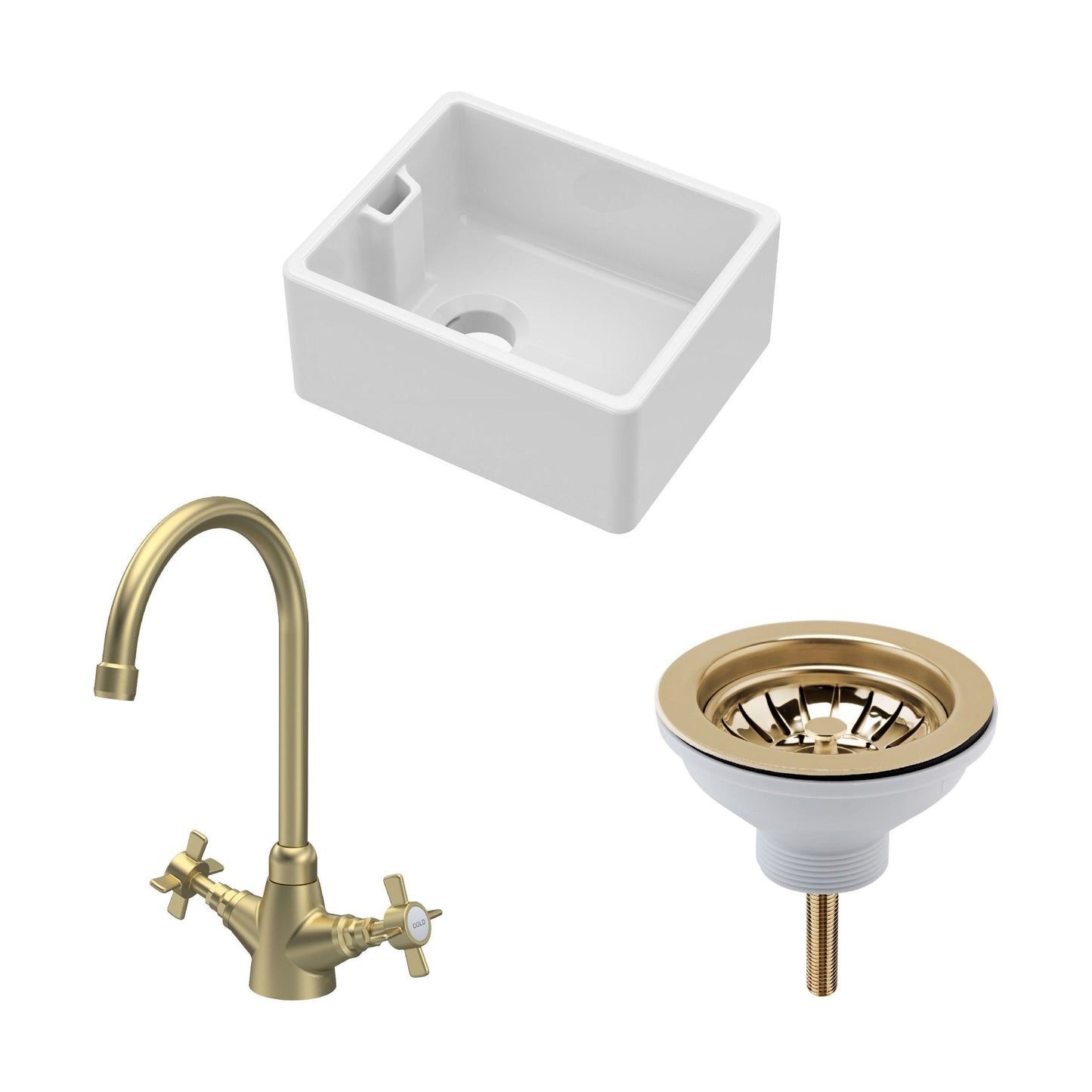 [BSK219WT11] Traditional Fireclay Kitchen Bundle: Single Bowl Belfast Sink and Strainer Waste & Mono Crosshead Tap, 460mm - Brushed Brass - Cutout