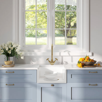 [BSK219WT11] Traditional Fireclay Kitchen Bundle: Single Bowl Belfast Sink and Strainer Waste & Mono Crosshead Tap, 460mm - Brushed Brass - Lifestyle 1