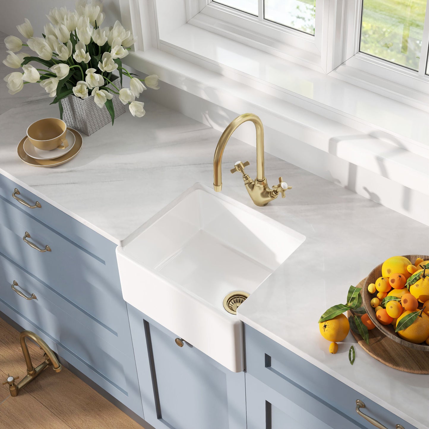 [BSK219WT11] Traditional Fireclay Kitchen Bundle: Single Bowl Belfast Sink and Strainer Waste & Mono Crosshead Tap, 460mm - Brushed Brass - Lifestyle 2