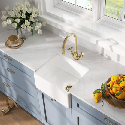 [BSK219WT11] Traditional Fireclay Kitchen Bundle: Single Bowl Belfast Sink and Strainer Waste & Mono Crosshead Tap, 460mm - Brushed Brass - Lifestyle 2
