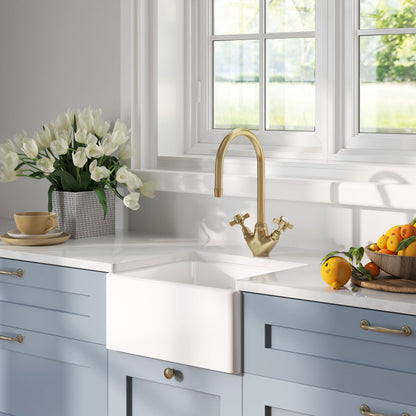 [BSK219WT11] Traditional Fireclay Kitchen Bundle: Single Bowl Belfast Sink and Strainer Waste & Mono Crosshead Tap, 460mm - Brushed Brass - Lifestyle 3