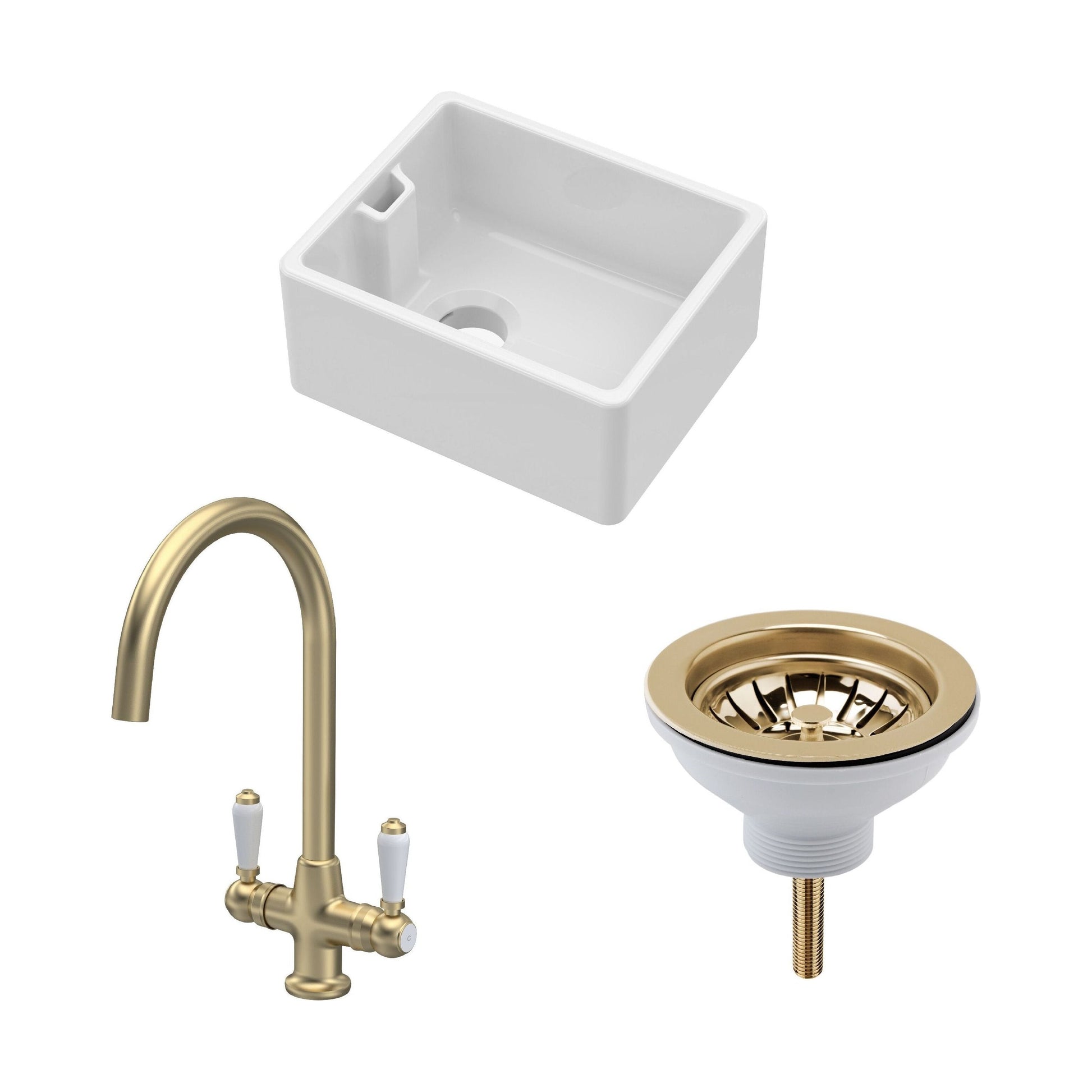 [BSK219WT12] Traditional Fireclay Kitchen Bundle: Single Bowl Belfast Sink, Strainer Waste & Mono Lever Handle Tap, 460mm - Brushed Brass - Cutout