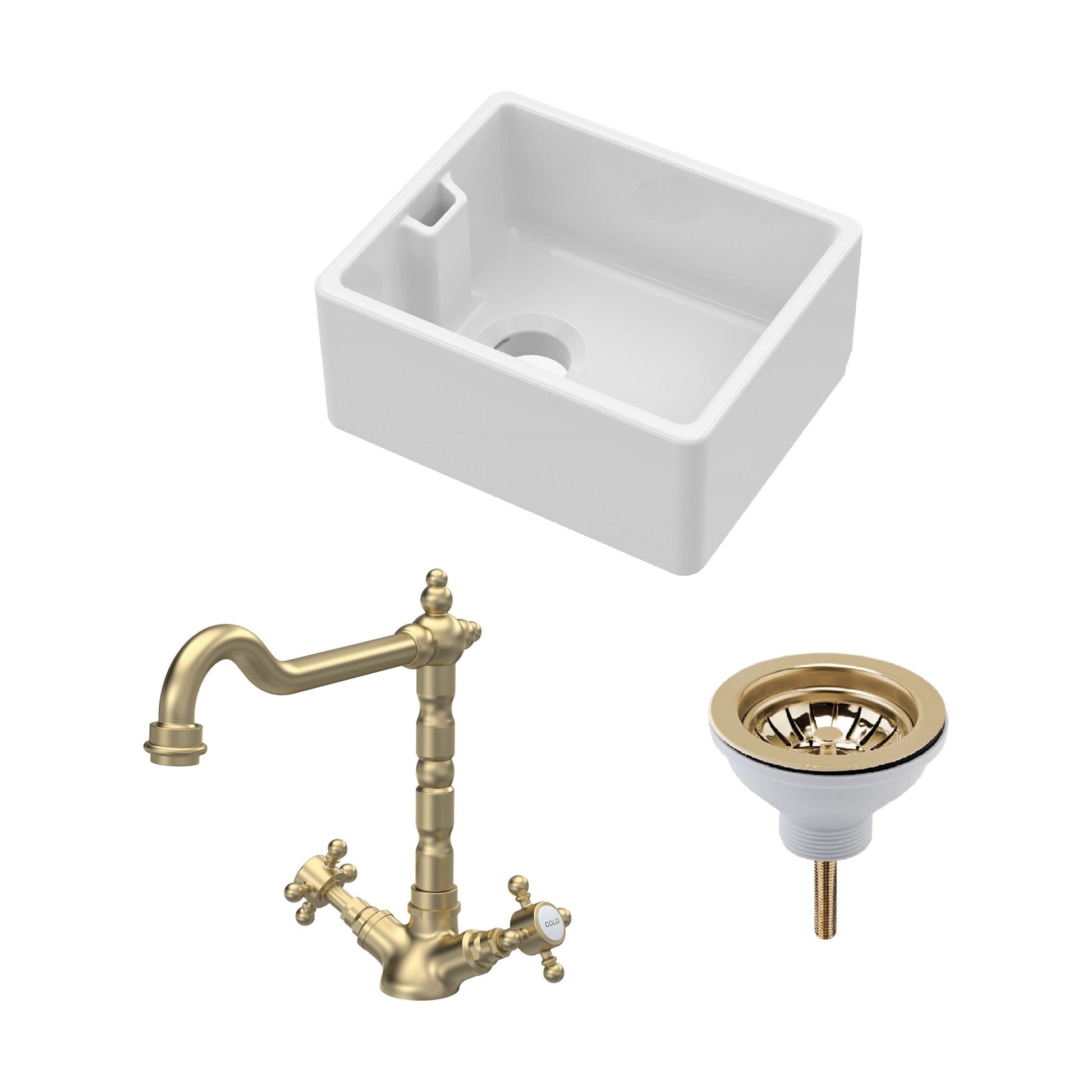 [BSK219WT13] Fireclay Kitchen Bundle: Single Bowl Belfast Sink, Strainer Waste & French Classic Tap, 460mm - Brushed Brass - Cutout