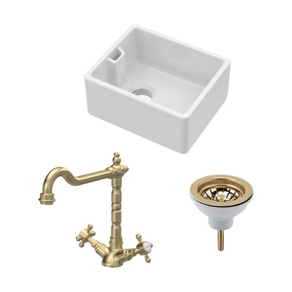 [BSK219WT13] Fireclay Kitchen Bundle: Single Bowl Belfast Sink, Strainer Waste & French Classic Tap, 460mm - Brushed Brass - Cutout