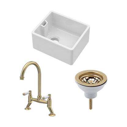 [BSK219WT15] Fireclay Kitchen Bundle: Single Bowl Belfast Sink, Strainer Waste & Bridge Lever Tap, 460mm - Brushed Brass - Cutout