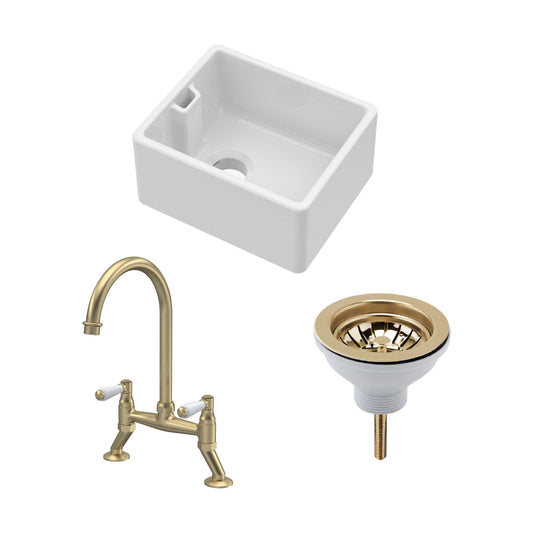 [BSK219WT15] Fireclay Kitchen Bundle: Single Bowl Belfast Sink, Strainer Waste & Bridge Lever Tap, 460mm - Brushed Brass - Cutout