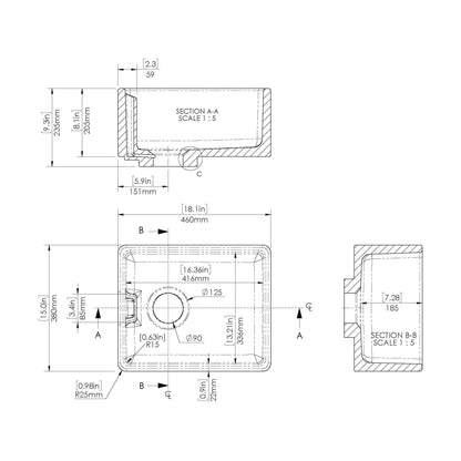 [BSK219WT15] Fireclay Kitchen Bundle: Single Bowl Belfast Sink, Strainer Waste & Bridge Lever Tap, 460mm - Brushed Brass - Technical Drawing