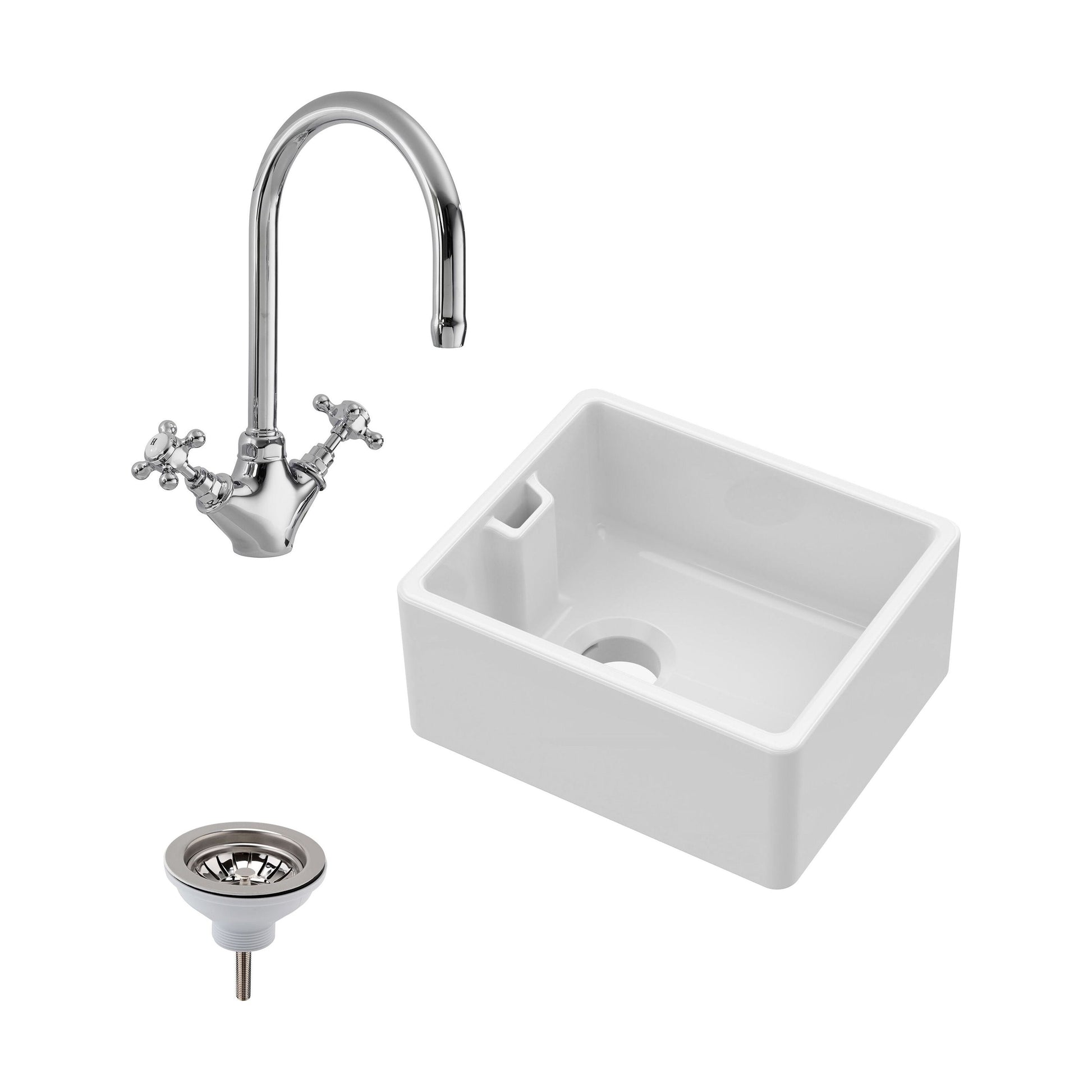 [BSK219WT2] Single Bowl Fireclay Ceramic Belfast Sink Bundle with Overflow, Mono Mixer Tap & Waste - Cutout