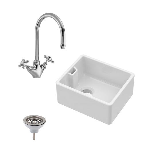 [BSK219WT2] Single Bowl Fireclay Ceramic Belfast Sink Bundle with Overflow, Mono Mixer Tap & Waste - Cutout