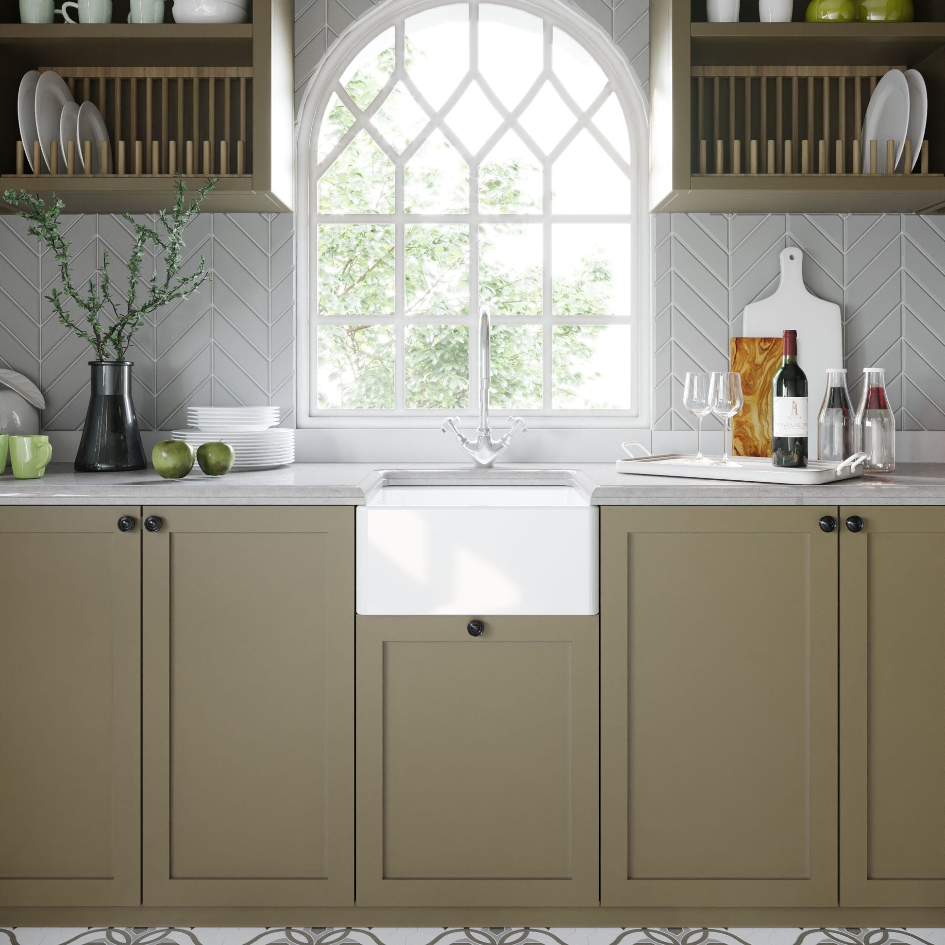 [BSK219WT2] Single Bowl Fireclay Ceramic Belfast Sink Bundle with Overflow, Mono Mixer Tap & Waste - Lifestyle 1