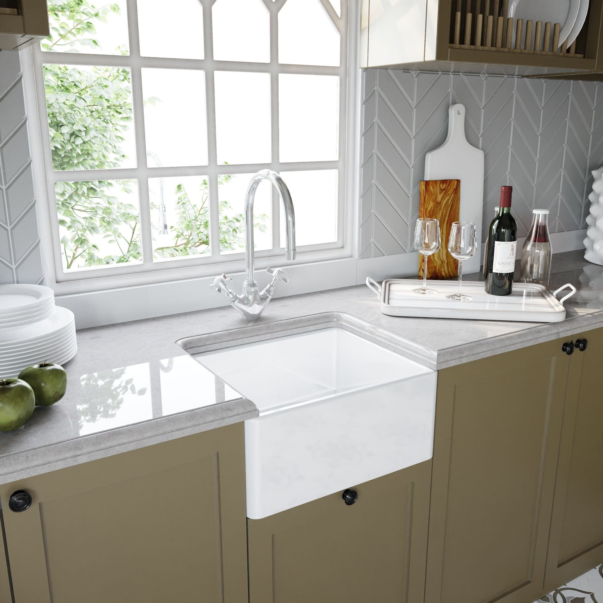 [BSK219WT2] Single Bowl Fireclay Ceramic Belfast Sink Bundle with Overflow, Mono Mixer Tap & Waste - Lifestyle 3