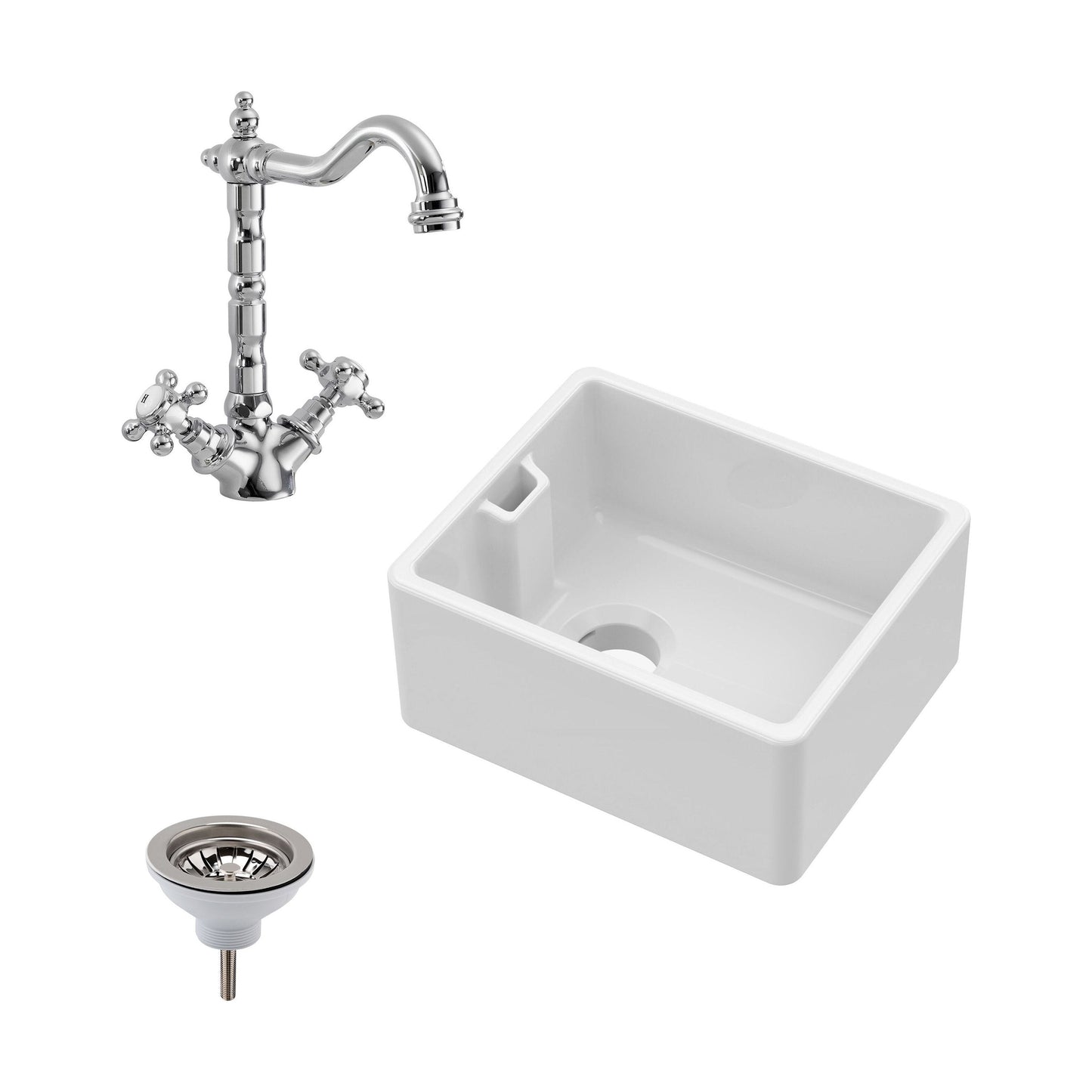 [BSK219WT4] Single Bowl Fireclay Ceramic Belfast Sink Bundle with Overflow, French Mixer Tap & Strainer Waste - Cutout