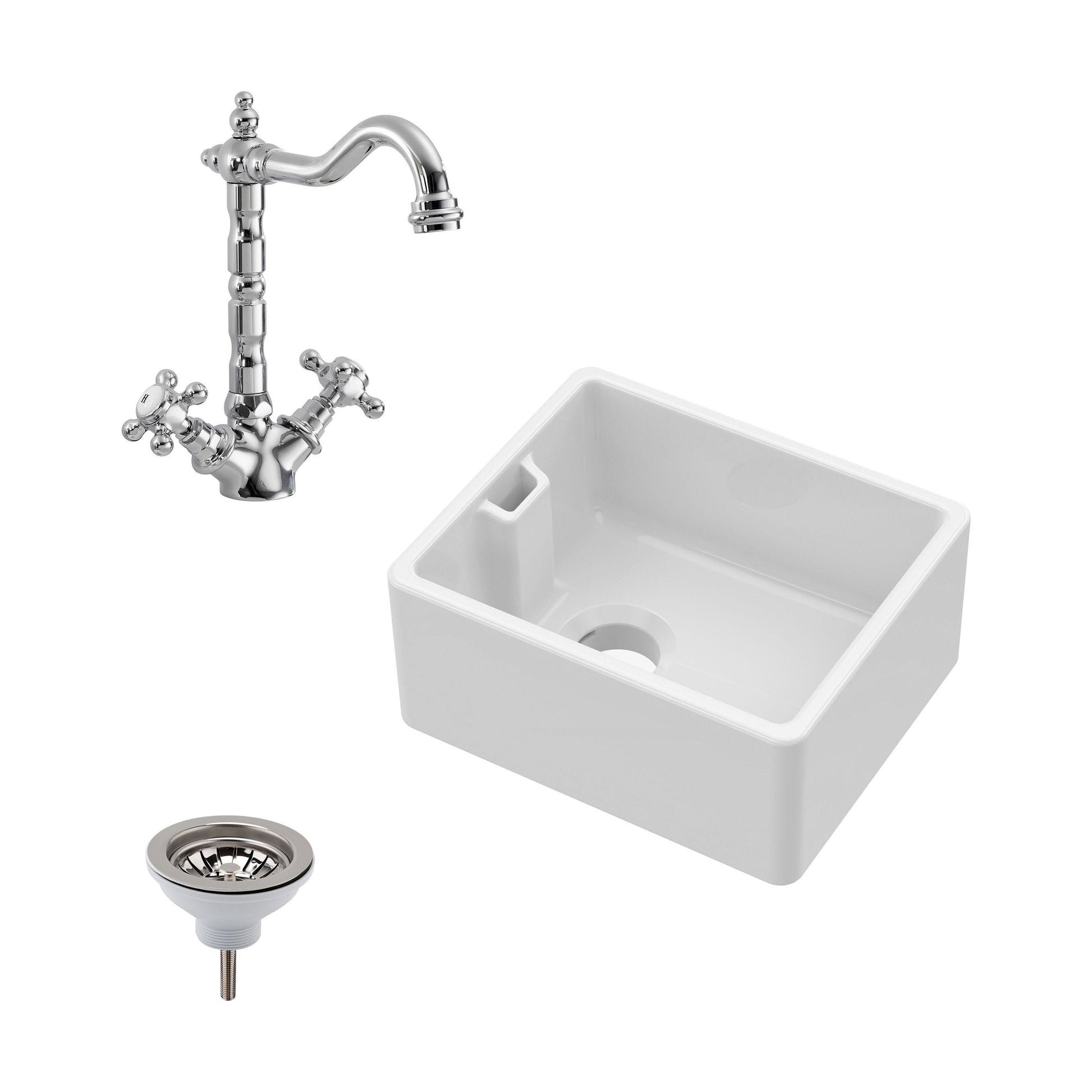 [BSK219WT4] Single Bowl Fireclay Ceramic Belfast Sink Bundle with Overflow, French Mixer Tap & Strainer Waste - Cutout