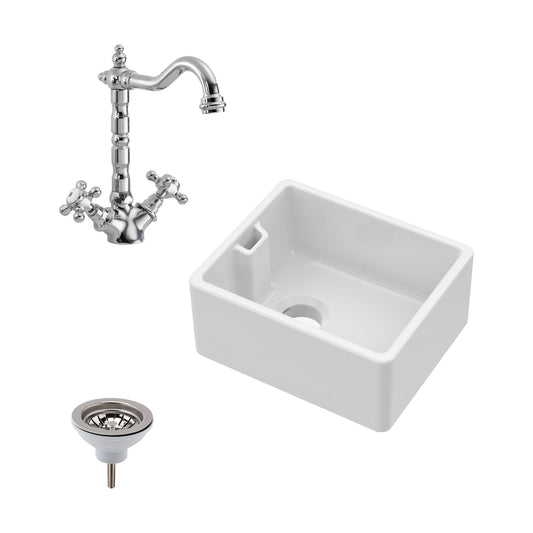 [BSK219WT4] Single Bowl Fireclay Ceramic Belfast Sink Bundle with Overflow, French Mixer Tap & Strainer Waste - Cutout
