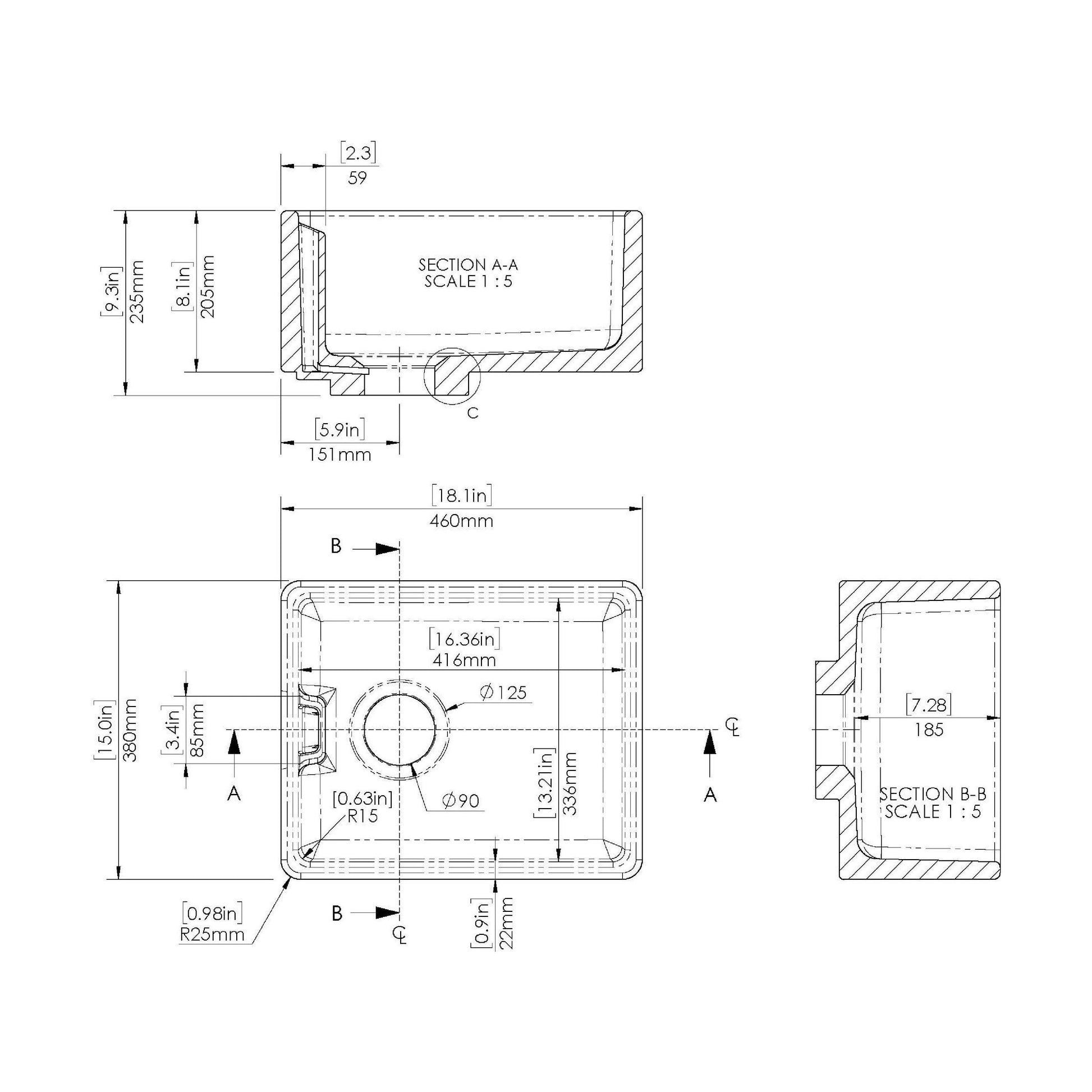[BSK219WT4] Single Bowl Fireclay Ceramic Belfast Sink Bundle with Overflow, French Mixer Tap & Strainer Waste - Technical Drawing