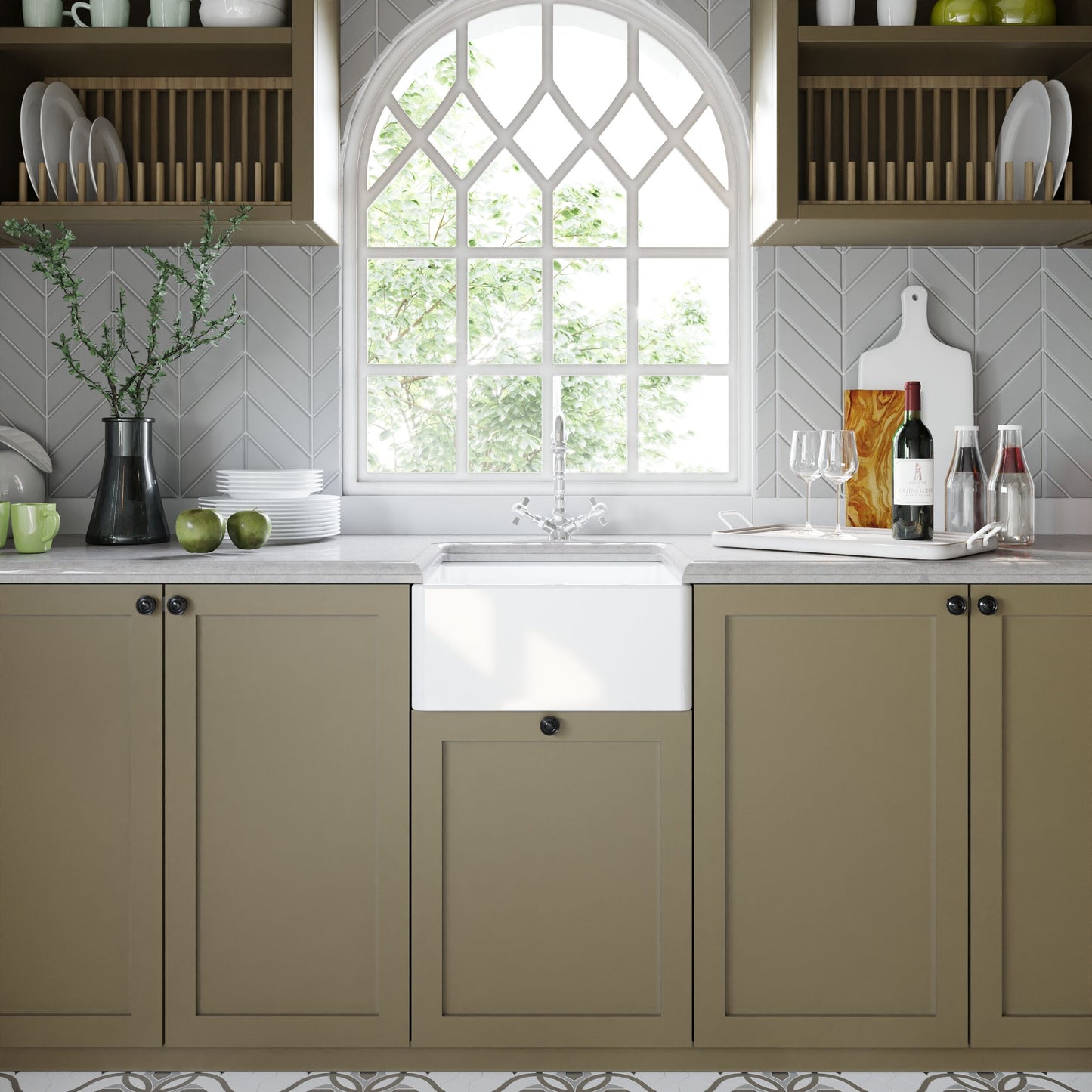 [BSK219WT4] Single Bowl Fireclay Ceramic Belfast Sink Bundle with Overflow, French Mixer Tap & Strainer Waste - Lifestyle 1