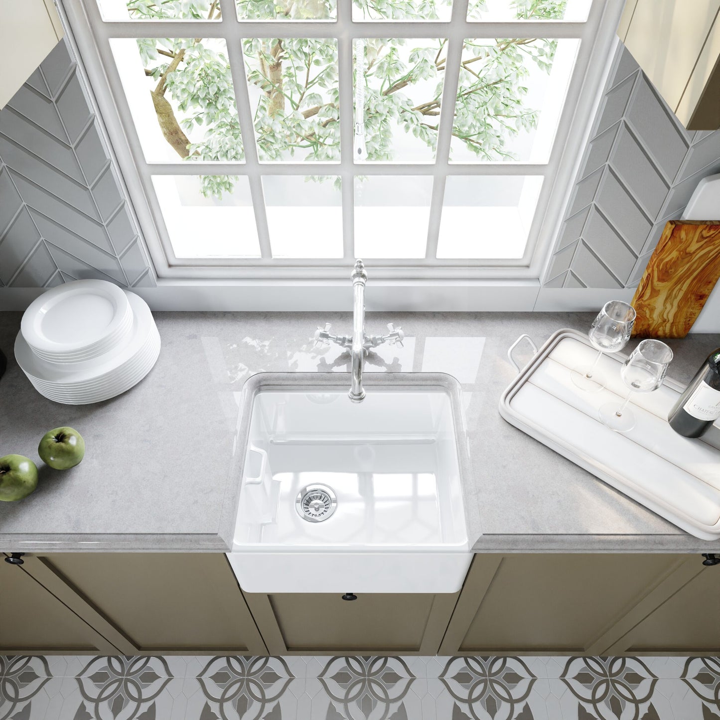 [BSK219WT4] Single Bowl Fireclay Ceramic Belfast Sink Bundle with Overflow, French Mixer Tap & Strainer Waste - Lifestyle 2