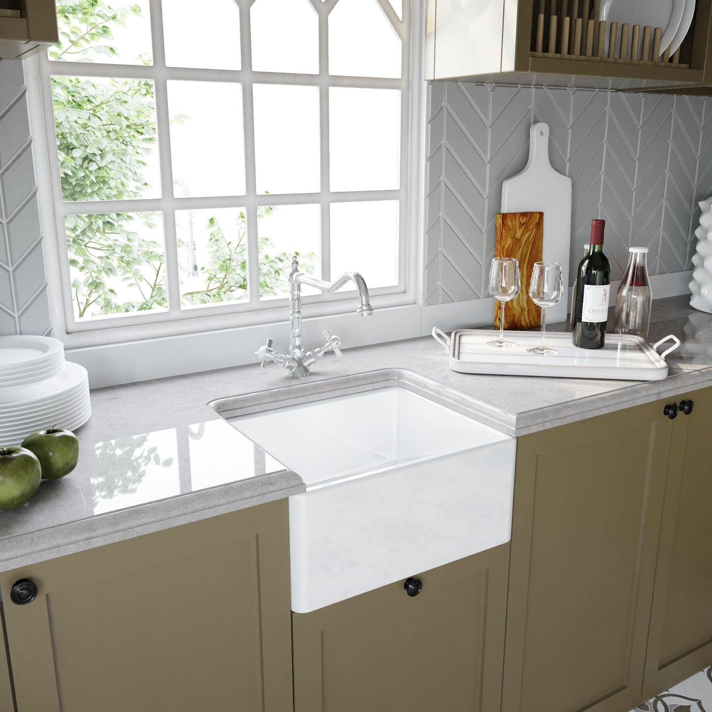 [BSK219WT4] Single Bowl Fireclay Ceramic Belfast Sink Bundle with Overflow, French Mixer Tap & Strainer Waste - Lifestyle 3