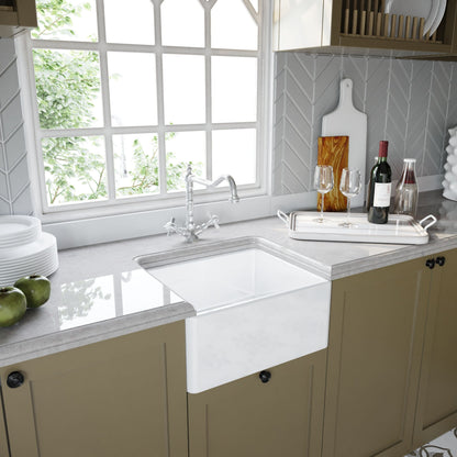 [BSK219WT4] Single Bowl Fireclay Ceramic Belfast Sink Bundle with Overflow, French Mixer Tap & Strainer Waste - Lifestyle 3