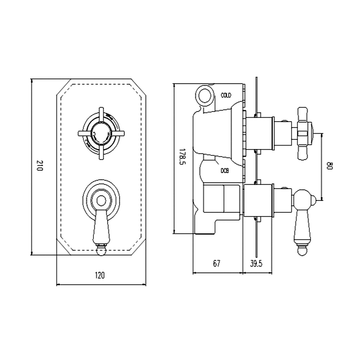 [BSKI033] Traditional Concealed Twin Thermostatic Shower Valve (1 Outlet) - Chrome - Balterley - Technical Drawing