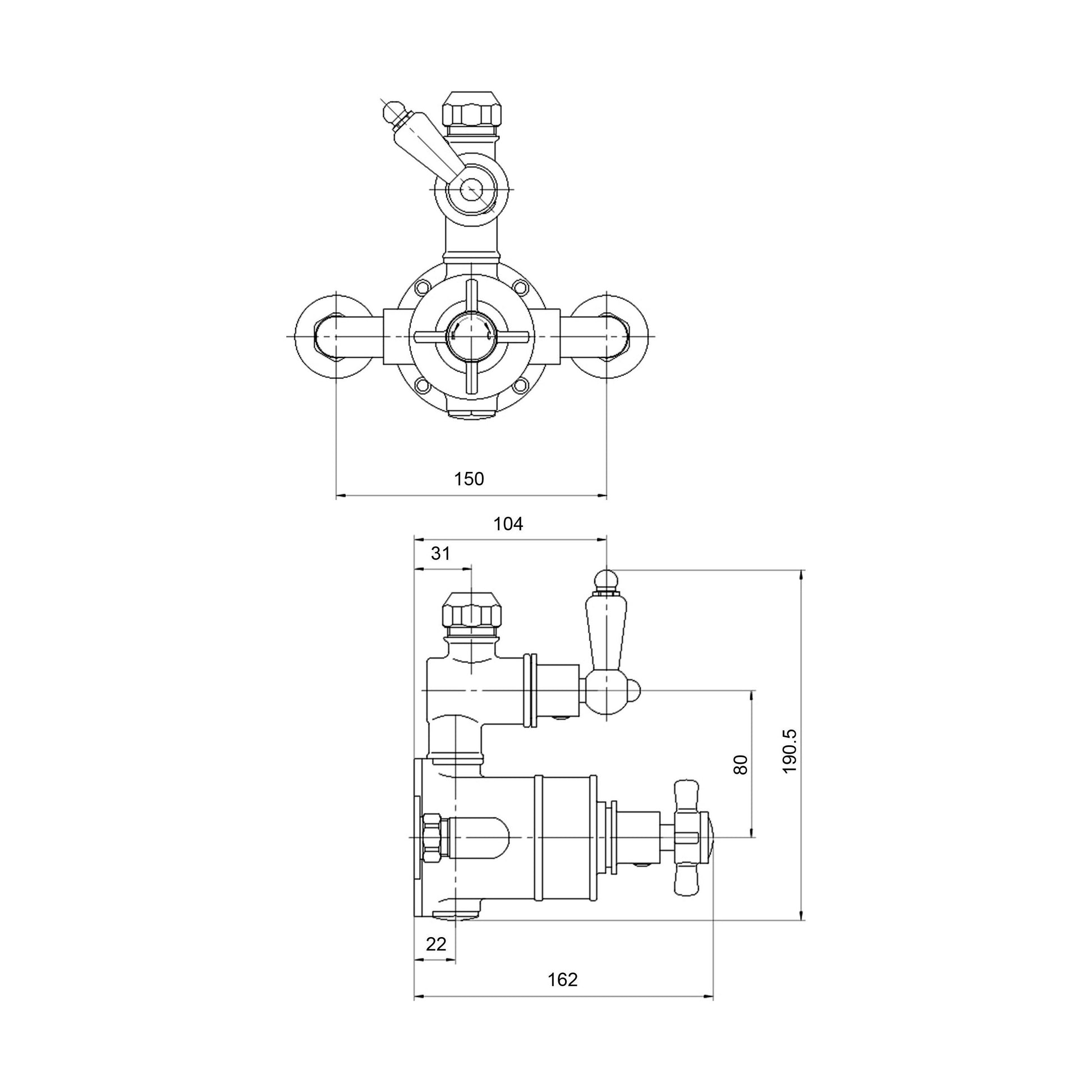 [BSKI056] Traditional Exposed Twin Thermostatic Shower Valve, 1 Outlet, Chrome Finish - Luxury Bathroom Fittings by Balterley - Technical Drawing