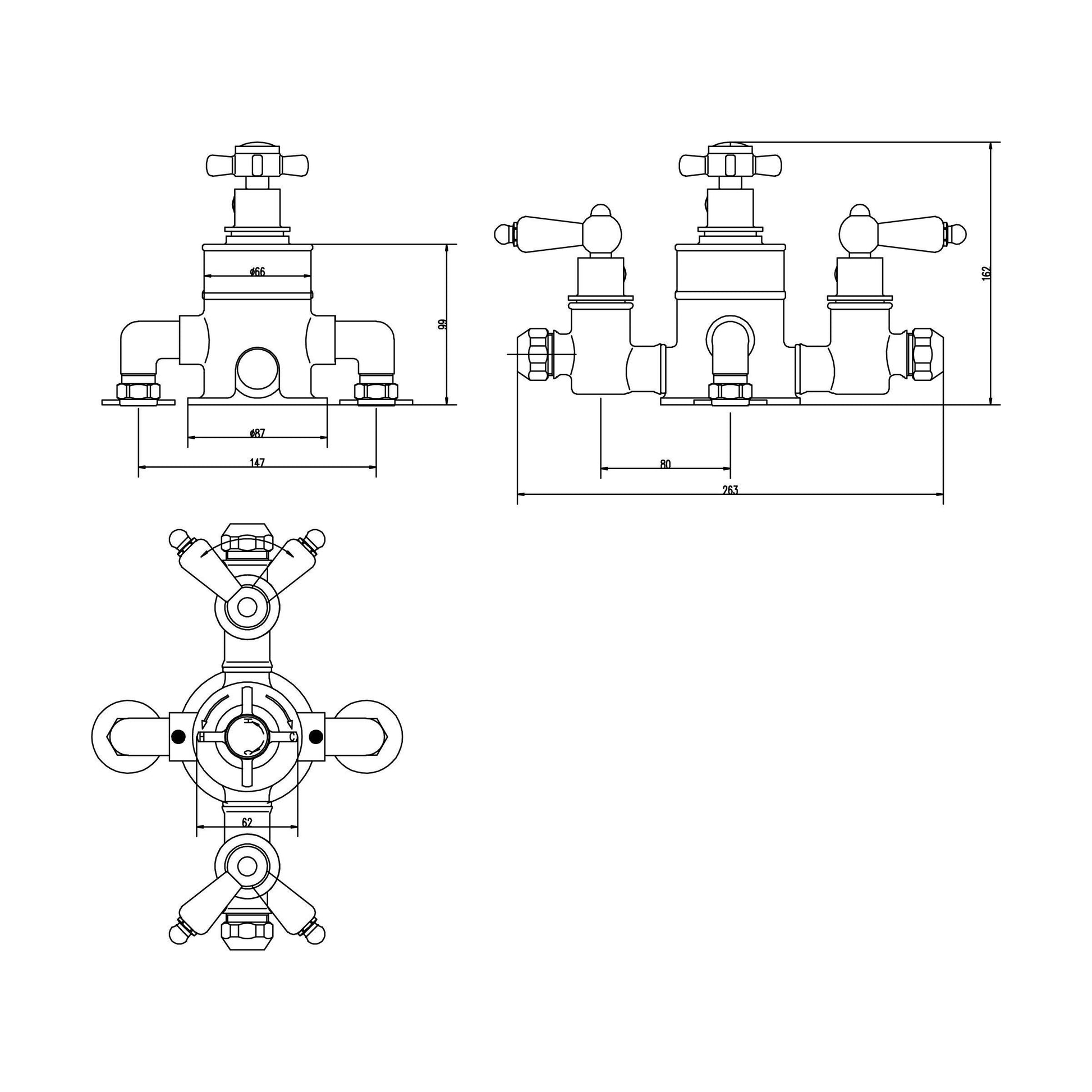 [BSKI057E] Traditional Exposed Triple Thermostatic Shower Valve - 2 Outlets - Durable Chrome Finish - Luxury Bathroom Fittings by Balterley - Technical Drawing