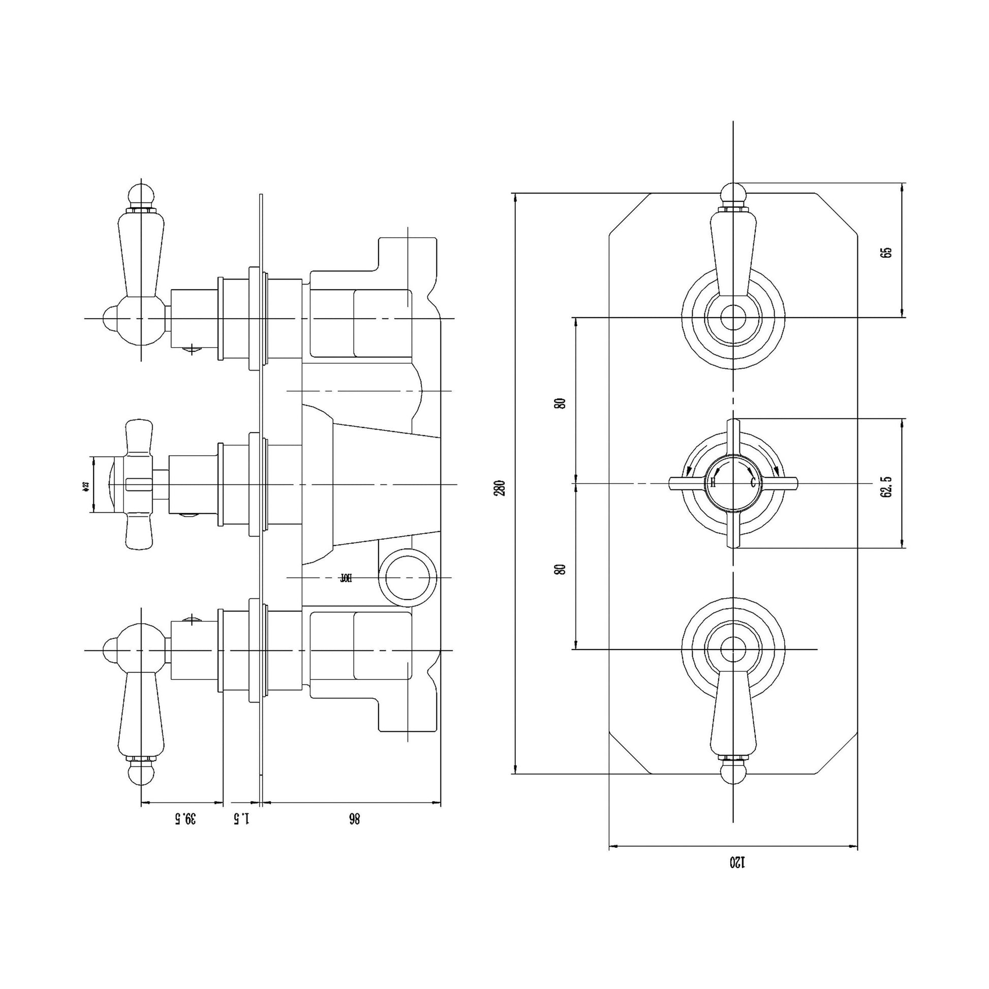 [BSKI057] Traditional Concealed Triple Thermostatic Shower Valve, 2 Outlets - Chrome - Balterley - Technical Drawing