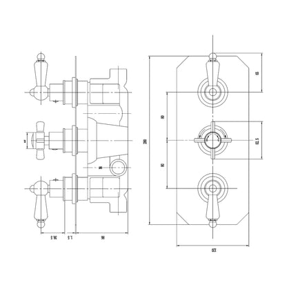 [BSKI057] Traditional Concealed Triple Thermostatic Shower Valve, 2 Outlets - Chrome - Balterley - Technical Drawing