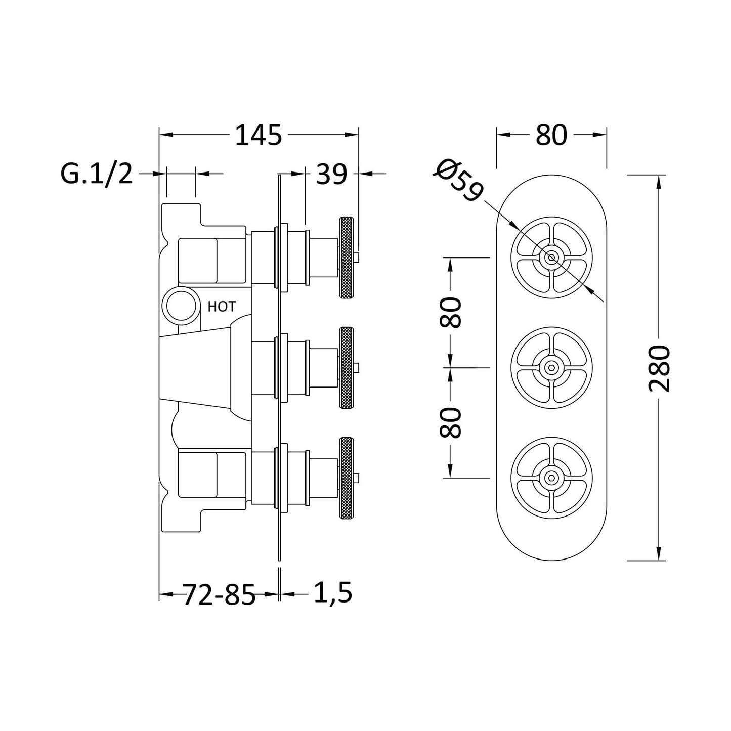 [BSKNTR402] Knurled Triple Shower Valve - Technical Drawing
