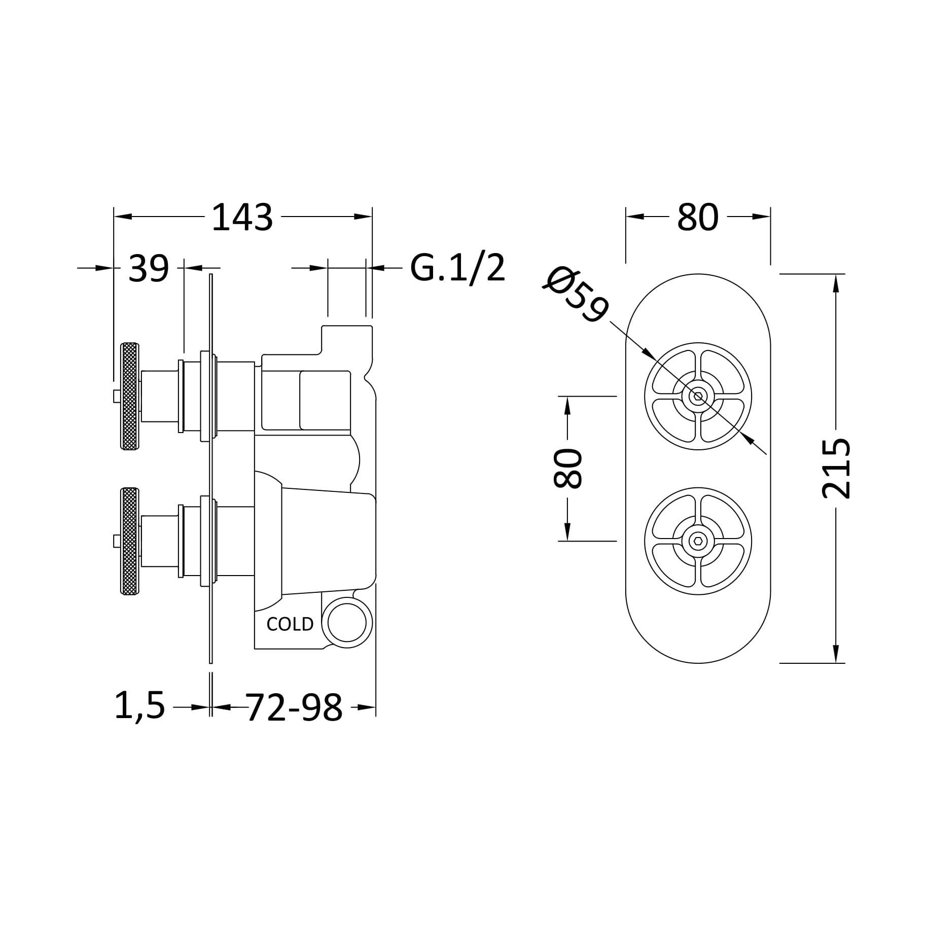 [BSKNTW802] Knurled Twin Shower Valve W/Diverter - Technical Drawing