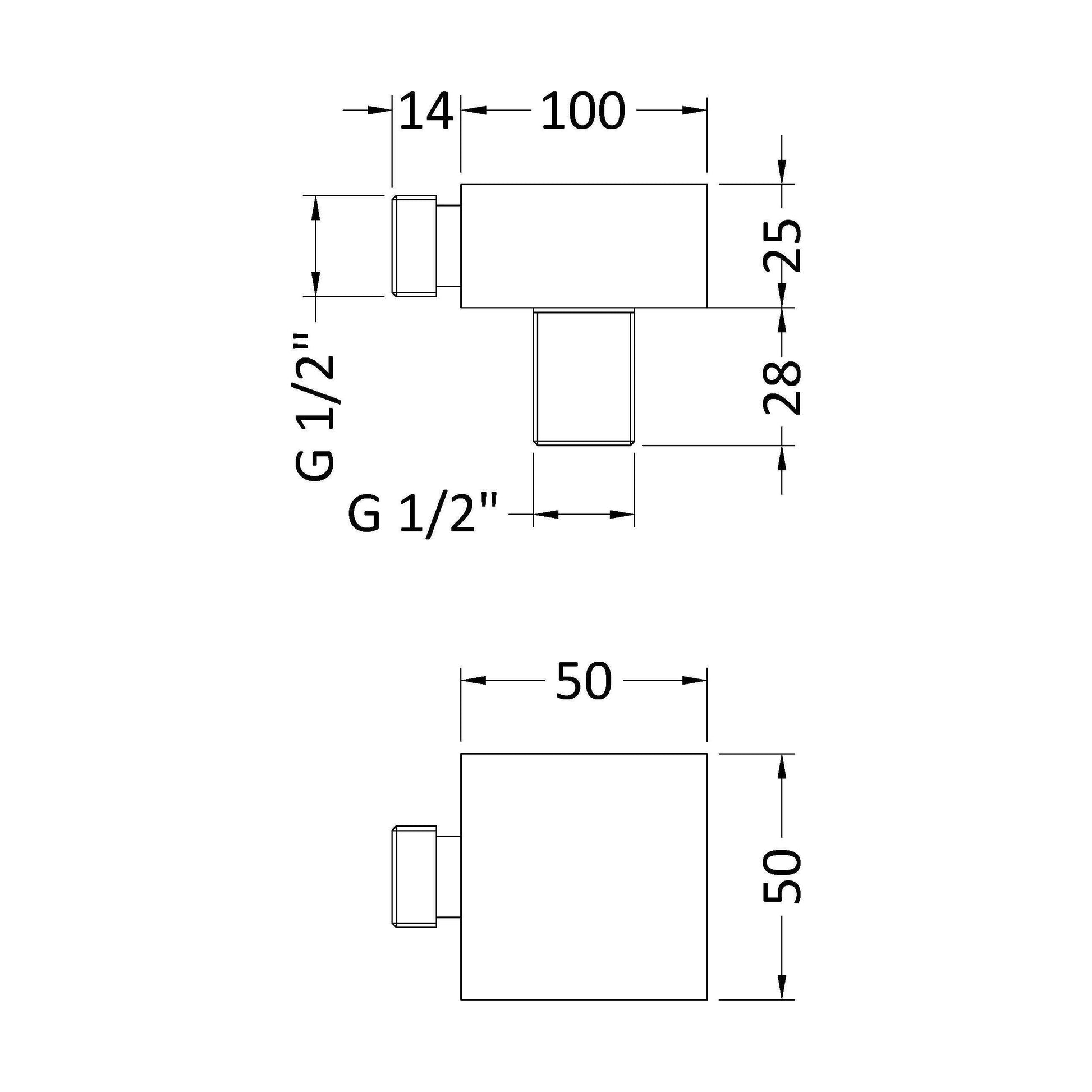 [BSOE245] Square Chrome Shower Outlet Elbow for Wall Mounted Showers - Technical Drawing