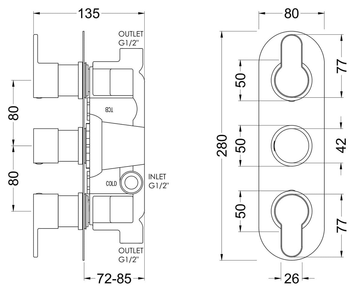 [BSPR15TR02] Consall Contemporary Round Thermostatic Two Outlet Shower Valve - Choice of Finish - Technical Drawing
