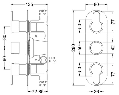 [BSPR15TR02] Consall Contemporary Round Thermostatic Two Outlet Shower Valve - Choice of Finish - Technical Drawing