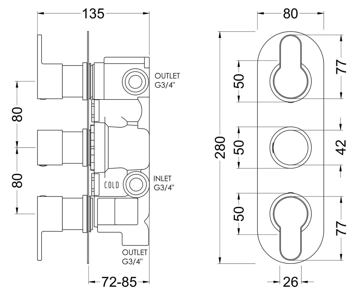 [BSPR15TR03] Consall Round Thermostatic Three Outlet Shower Valve with Diverter, Choice of Finish - Technical Drawing