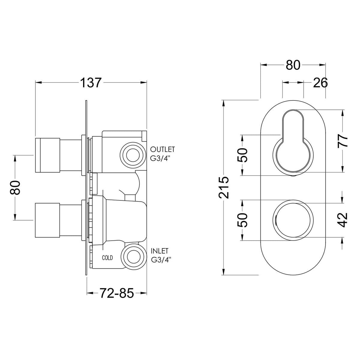 [BSPR15TW02] Consall Round Thermostatic Two Outlet Shower Valve with Diverter, Choice of Finish - Technical Drawing