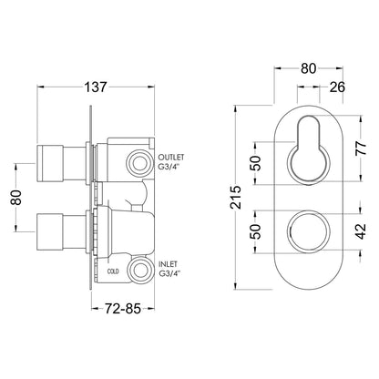 [BSPR15TW02] Consall Round Thermostatic Two Outlet Shower Valve with Diverter, Choice of Finish - Technical Drawing