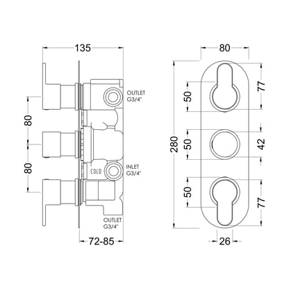 [BSPR4TR03] Consall Round Thermostatic Three Outlet Shower Valve with Diverter, Choice of Finish - Technical Drawing