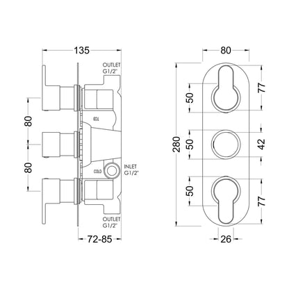 [BSPR7TR02] Consall Contemporary Round Thermostatic Two Outlet Shower Valve - Choice of Finish - Technical Drawing